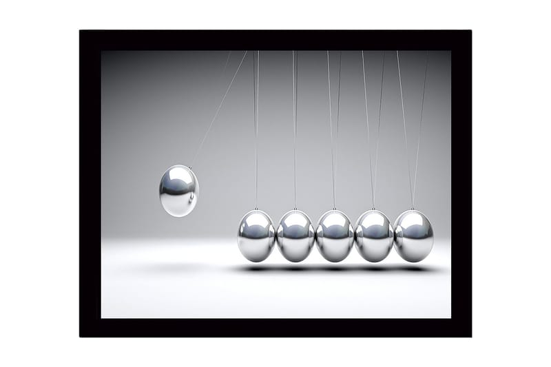 Kehystetty puukangas - 41x56 cm - Dynaaminen sommitelma, jossa roikkuvat liikkuvat metallipallot, Hopea / Harmaa