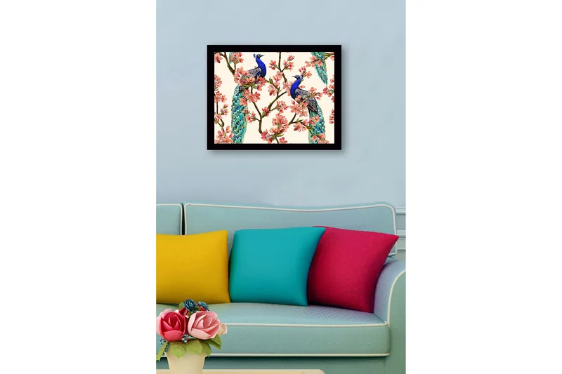 Kehystetty puucanvas - 41x56 cm - Riikinkukkoja kukkien oksien keskellä - Sininen / Vaaleanpunainen / Vihreä - Sisustustuotteet - Taulu & taide