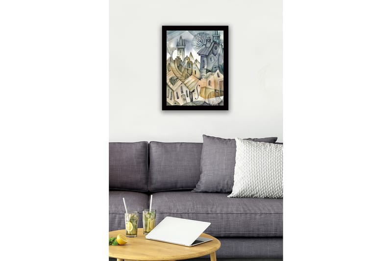 Kehystetty puucanvas - 41x56 cm - Abstrakti kaupunkikuva aaltoilevilla taloilla ja torneilla - Harmaa / Beige / Vaaleansininen - Sisustustuotteet - Taulu & taide