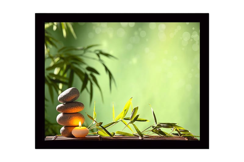 Kehystetty puutaulu canvasille - 41x56 cm - Kivipino kynttilällä, jota ympäröivät bambu ja vihreät sävyt, Vihreä / Harmaa / Beige