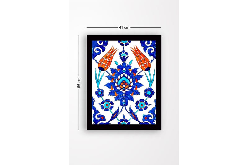 Kehystetty puutaulu canvasille - 41x56 cm - Värikäs kukka-asetelma tyylitellyillä kukilla ja lehdillä - Sininen / Punainen / Vihreä - Sisustustuotteet - Taulu & taide