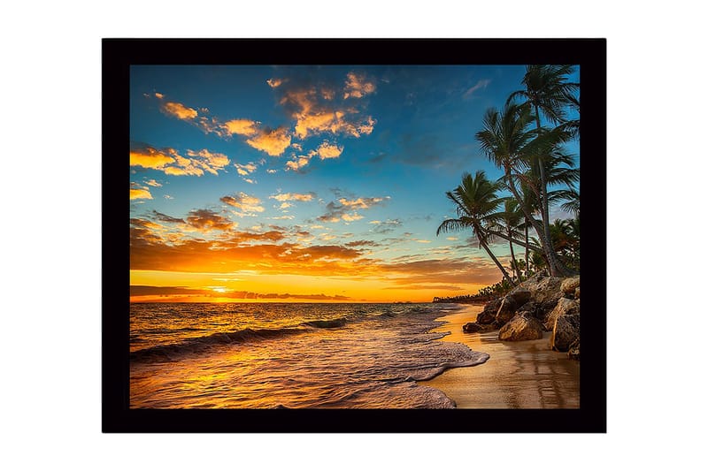 Kehystetty puutaulu canvasille - 41x56 cm - Auringonlasku rannalla palmujen ja aaltojen keskellä, Oranssi / Sininen / Vihreä