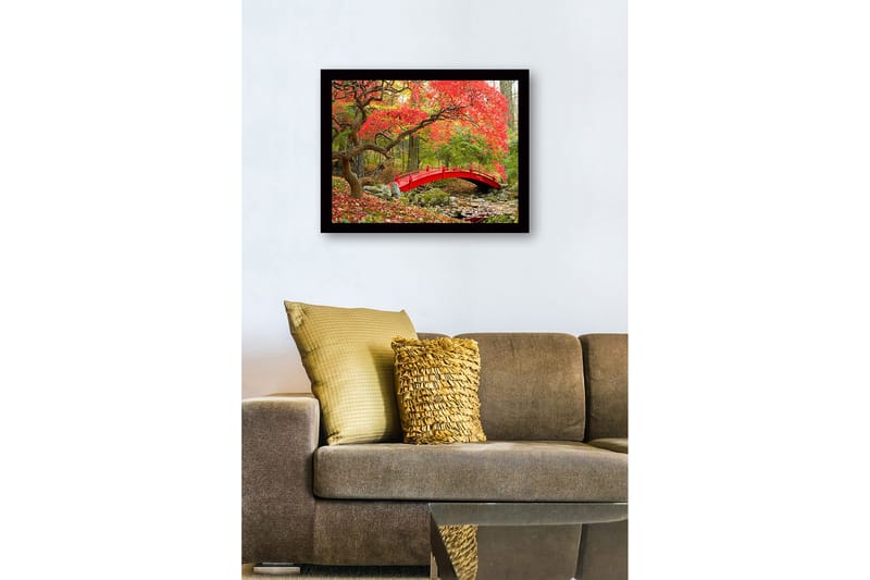 Kehystetty puinen canvas-taulu - 41x56 cm - Punainen silta syksyn väristen puiden ja lehtien ympäröimänä - Punainen / Vihreä / Ruskea - Sisustustuotteet - Taulu & taide