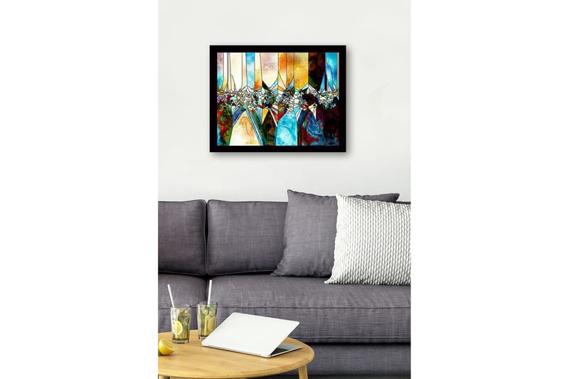 Kehystetty puukangas - 41x56 cm - Abstrakti sommitelma geometrisilla muodoilla ja värillisillä osioilla - Sininen / Oranssi / Vihreä - Sisustustuotteet - Taulu & taide