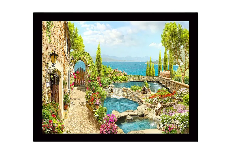 Kehystetty puutaulu canvasille - 41x56 cm - Kaunis puutarha kukka-asetelmilla ja tyynellä veden pinnalla, Vihreä / Vaaleanpunainen / Sininen