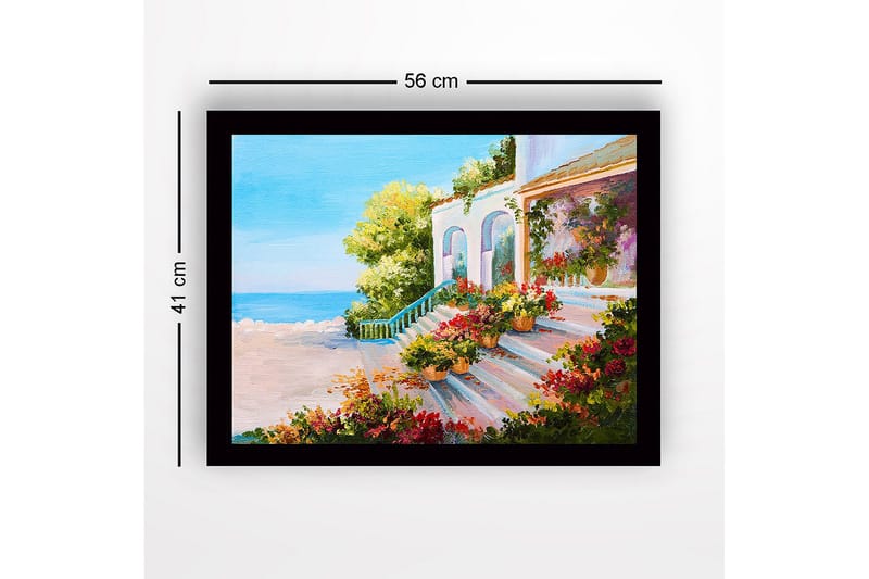 Kehystetty puutaulu canvasille - 41x56 cm - Kaunis portaikko kukkaruukuilla aurinkoisessa rannikkoympäristössä - Vihreä / Vaaleanpunainen / Sininen - Sisustustuotteet - Taulu & taide