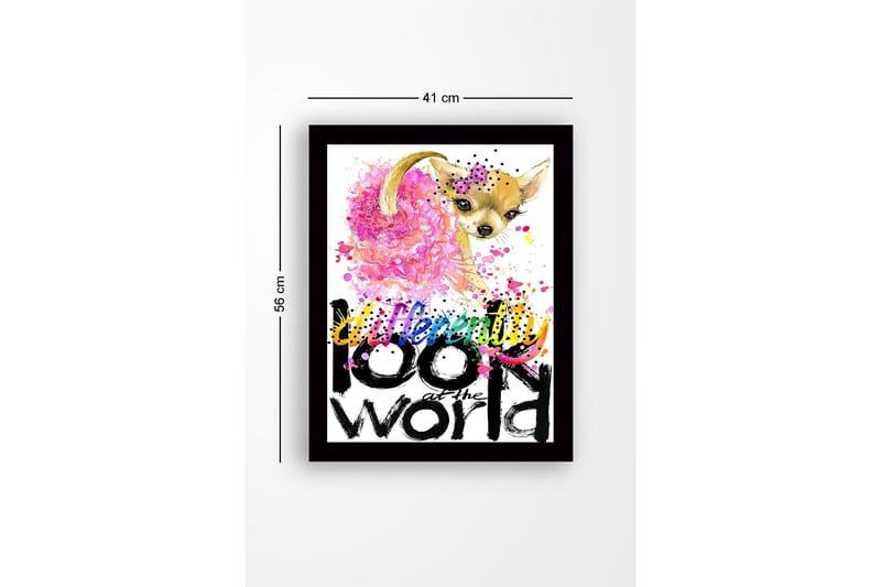 Kehystetty puutaulu canvasille - 41x56 cm - Söpö chihuahua värikkäällä taustalla ja inspiroivalla tekstillä - Vaaleanpunainen / Musta / Keltainen - Sisustustuotteet - Taulu & taide