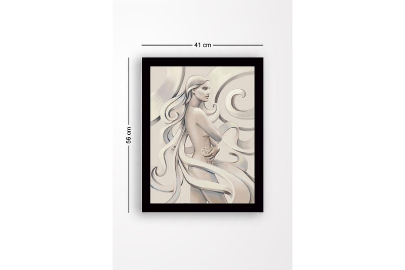 Kehystetty puutaulu canvasille - 41x56 cm - Aistillinen nainen hulmuavilla hiuksilla ja ruusu kädessään - Vaaleanbeige / Harmaa / Valkoinen - Sisustustuotteet - Taulu & taide