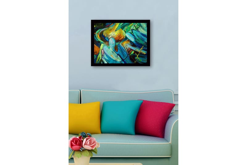 Kehystetty puukangas - 41x56 cm - Abstrakti sommitelma virtaavilla muodoilla ja väreillä - Turkoosi / Oranssi / Vihreä - Sisustustuotteet - Taulu & taide