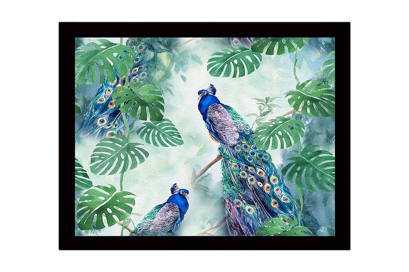 Kehystetty puutaulu canvasille - 41x56 cm - Värikkäitä riikinkukkoja trooppisten kasvien ympäröimänä - Vihreä / Sininen / Turkoosi - Sisustustuotteet - Taulu & taide