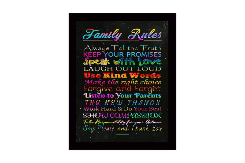 Kehystetty puutaulu canvasille - 41x56 cm - Värikäs maalaus perhesäännöillä eri fonteilla, Punainen / Sininen / Vihreä