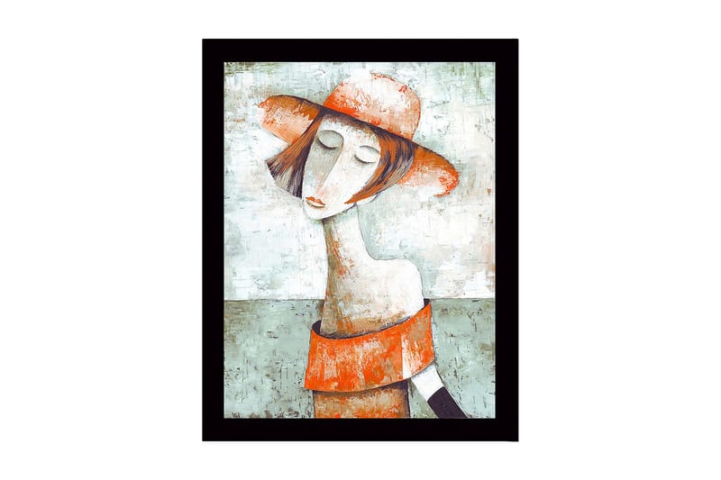 Kehystetty puucanvas - 41x56 cm - Muotokuva naisesta hatussa ja punaoranssissa mekossa, Vihreä / Punaoranssi / Beige