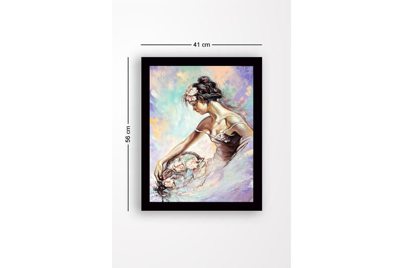 Kehystetty puutaulu canvasille - 41x56 cm - Elegantti nainen romanttisessa asennossa kukkien kanssa - Vaaleanpunainen / Vaaleansininen / Laventeli - Sisustustuotteet - Taulu & taide