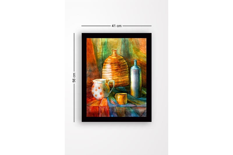 Kehystetty puukangas - 41x56 cm - Asetelma keramiikalla ja lasipulloilla - Oranssi / Vihreä / Sininen - Sisustustuotteet - Taulu & taide