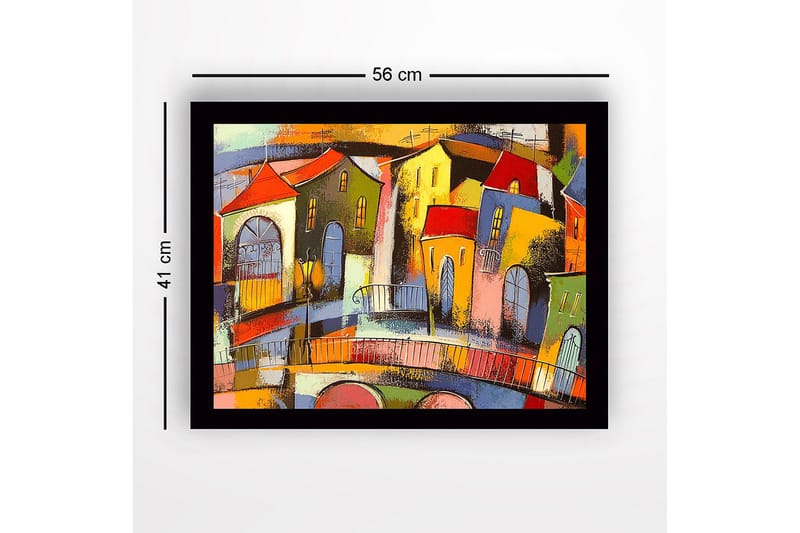 Kehystetty puucanvas - 41x56 cm - Värikäs kaupunkikuva vinoine taloineen ja siltoineen - Punainen / Vihreä / Keltainen - Sisustustuotteet - Taulu & taide