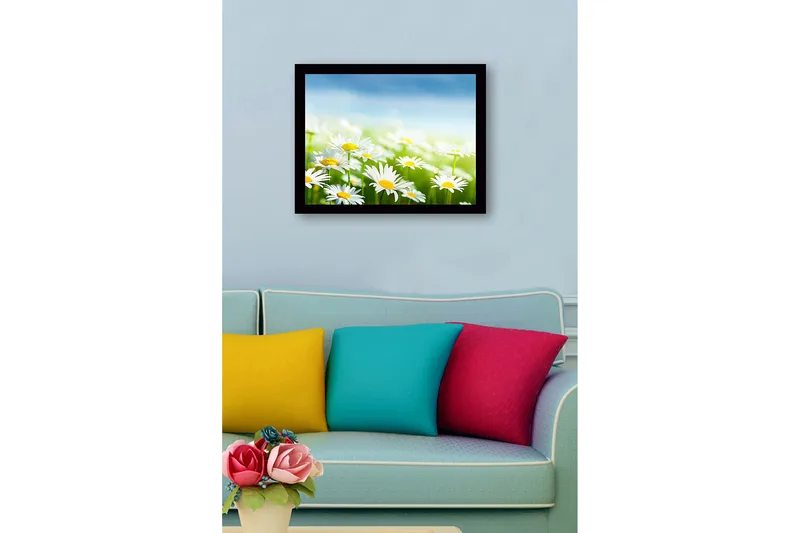 Kehystetty puutaulu canvasille - 41x56 cm - Värikäs niitty kukkivien päivänkakkaroiden kera - Valkoinen / Keltainen / Vihreä - Sisustustuotteet - Taulu & taide