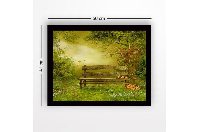 Kehystetty puutaulu canvasille - 41x56 cm - Penkki rehevässä puutarhassa kukkien ja perhosten ympäröimänä - Vihreä / Ruskea / Keltainen - Sisustustuotteet - Taulu & taide