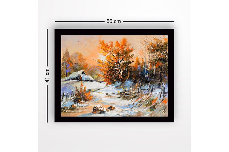 Kehystetty puutaulu canvasille - 41x56 cm - Talvimaisema lumipeitteisillä puilla ja mökillä taustalla - Oranssi / Valkoinen / Sininen - Sisustustuotteet - Taulu & taide