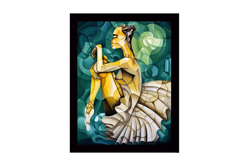 Kehystetty puutaulu canvasille - 41x56 cm - Balettitanssija elegantissa asennossa, Vihreä / Beige / Keltainen