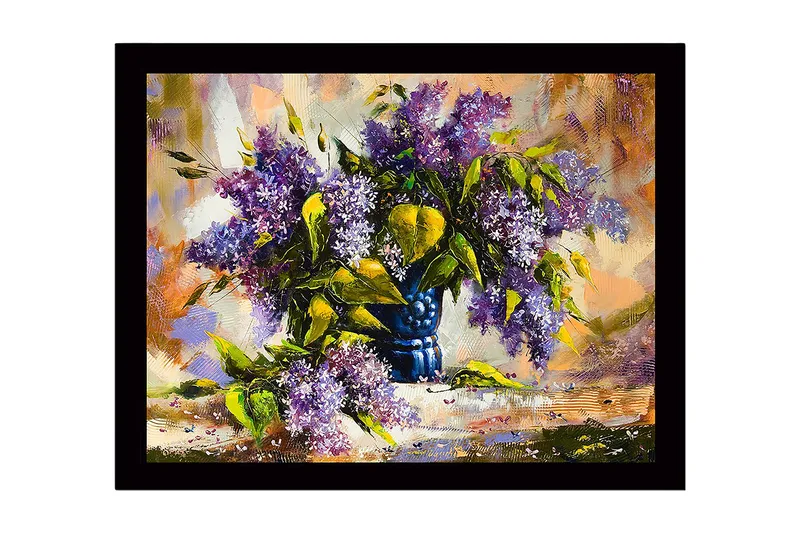 Kehystetty puutaulu canvasille - 41x56 cm - Värikäs syreenien kukkien kimppu sinisessä maljakossa, Violetti / Vihreä / Sininen