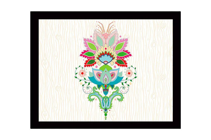 Kehystetty puutaulu canvasille - 41x56 cm - Värikäs kukka-asetelma yksityiskohtaisilla lehdillä ja kuvioilla, Vaaleanpunainen / Vihreä / Sininen