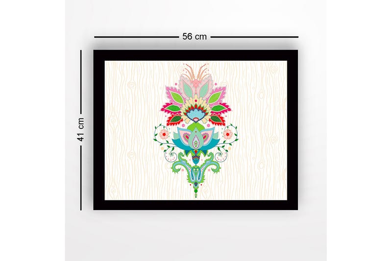 Kehystetty puutaulu canvasille - 41x56 cm - Värikäs kukka-asetelma yksityiskohtaisilla lehdillä ja kuvioilla - Vaaleanpunainen / Vihreä / Sininen - Sisustustuotteet - Taulu & taide