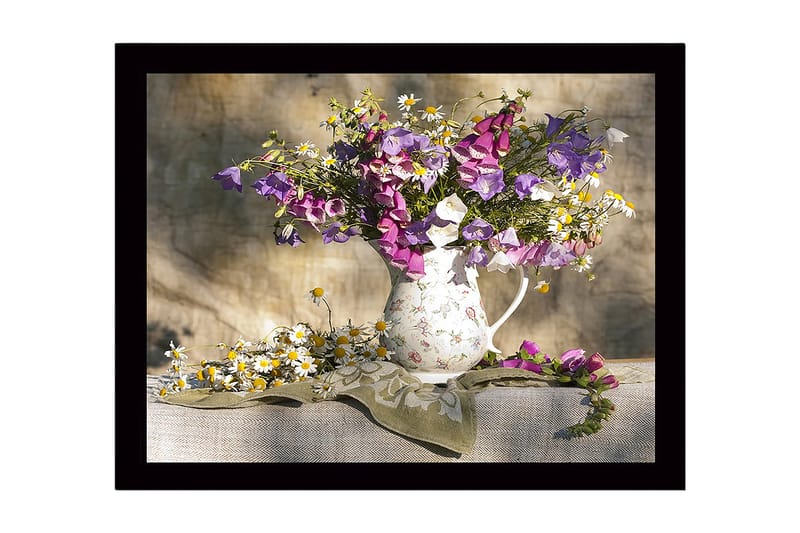 Kehystetty puutaulu canvasille - 41x56 cm - Värikäs kukkakimppu keraamisessa kannusta, Violetti / Valkoinen / Keltainen