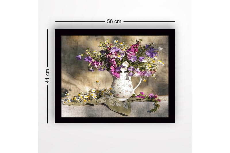 Kehystetty puutaulu canvasille - 41x56 cm - Värikäs kukkakimppu keraamisessa kannusta - Violetti / Valkoinen / Keltainen - Sisustustuotteet - Taulu & taide