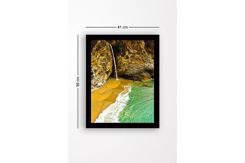 Kehystetty puutaulu canvas-taululla - 41x56 cm - Vesiputous virtaa kallioiden ympäröimään rantapoukamaan - Kulta / Turkoosi / Harmaa - Sisustustuotteet - Taulu & taide