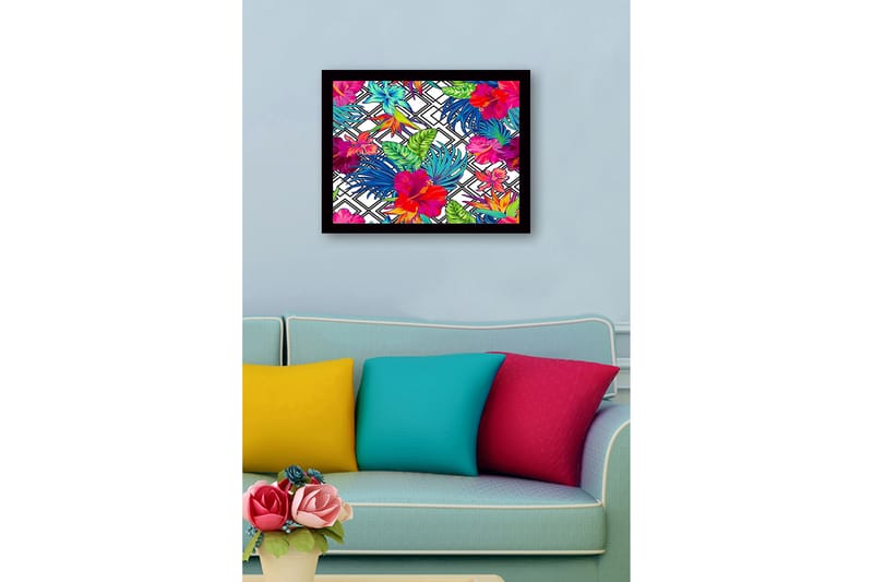 Kehystetty puutaulu canvasille - 41x56 cm - Värikäs trooppinen kukka-asetelma hibiskuksella ja lehdillä - Punainen / Vihreä / Sininen - Sisustustuotteet - Taulu & taide