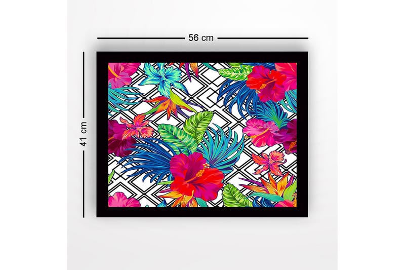 Kehystetty puutaulu canvasille - 41x56 cm - Värikäs trooppinen kukka-asetelma hibiskuksella ja lehdillä - Punainen / Vihreä / Sininen - Sisustustuotteet - Taulu & taide