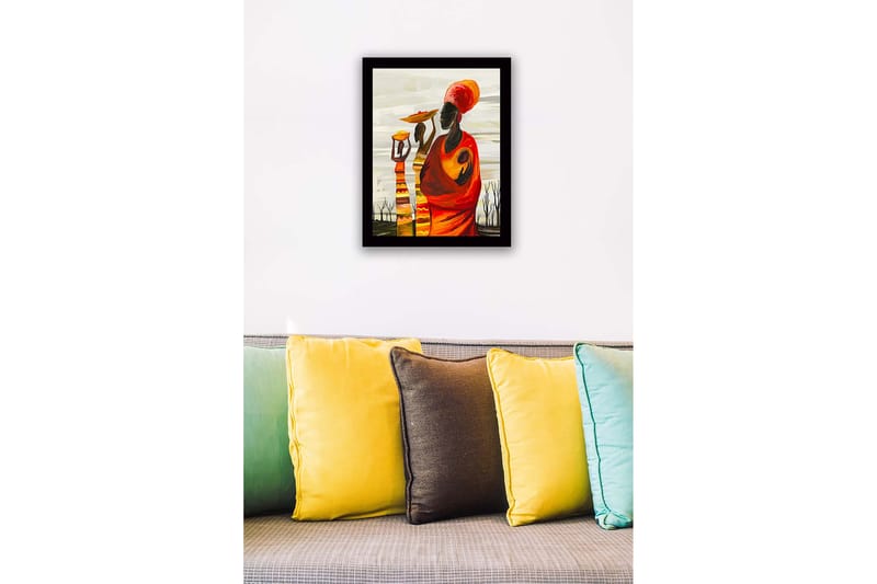 Kehystetty puukangas - 41x56 cm - Kolme naista kantamassa kulhoja ja lapsia värikkäässä ja ilmeikkäässä sommitelmassa - Punainen / Oranssi / Keltainen - Sisustustuotteet - Taulu & taide