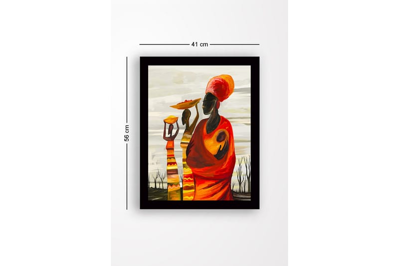 Kehystetty puukangas - 41x56 cm - Kolme naista kantamassa kulhoja ja lapsia värikkäässä ja ilmeikkäässä sommitelmassa - Punainen / Oranssi / Keltainen - Sisustustuotteet - Taulu & taide