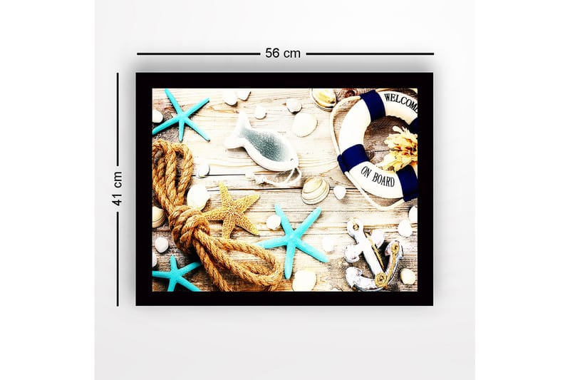 Kehystetty puutaulu canvasille - 41x56 cm - Merellinen rauha simpukoiden, tähtien ja pelastusrenkaan kera - Sininen / Beige / Oranssi - Sisustustuotteet - Taulu & taide