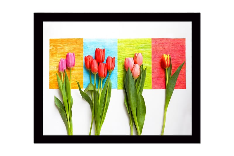 Kehystetty puutaulu canvasille - 41x56 cm - Värikäs tulppaanikimppu eloisaa taustaa vasten, Punainen / Vaaleanpunainen / Vihreä