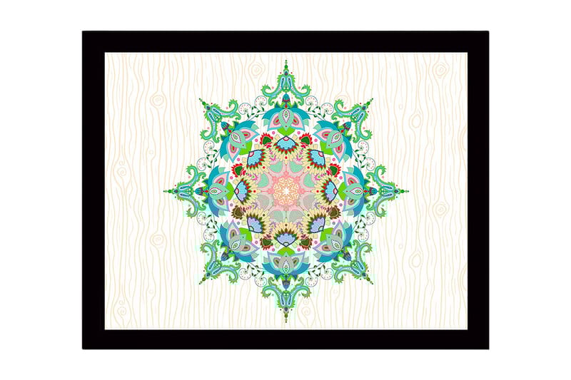 Kehystetty puupohjainen canvas - 41x56 cm - Värikäs mandala monimutkaisilla kuvioilla, Vihreä / Vaaleanpunainen / Sininen