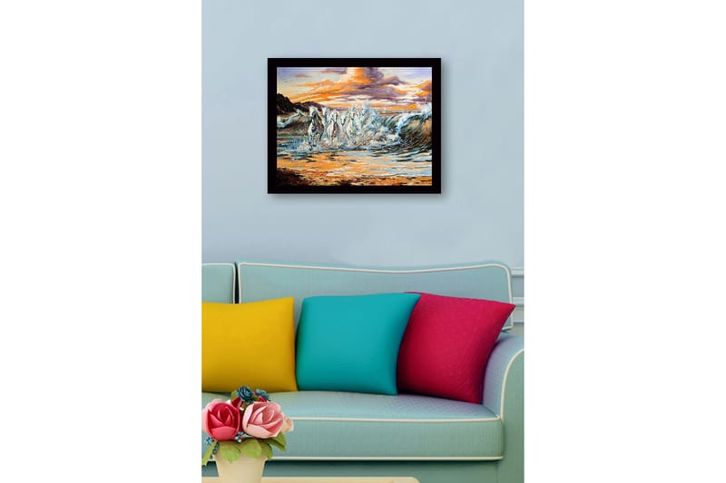 Kehystetty puinen canvas-taulu - 41x56 cm - Ylenpalttiset hevoset laukkaamassa aaltojen läpi auringonlaskun aikaan - Valkoinen / Sininen / Oranssi - Sisustustuotteet - Taulu & taide