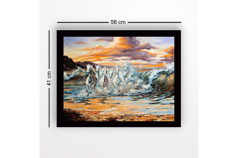 Kehystetty puinen canvas-taulu - 41x56 cm - Ylenpalttiset hevoset laukkaamassa aaltojen läpi auringonlaskun aikaan - Valkoinen / Sininen / Oranssi - Sisustustuotteet - Taulu & taide