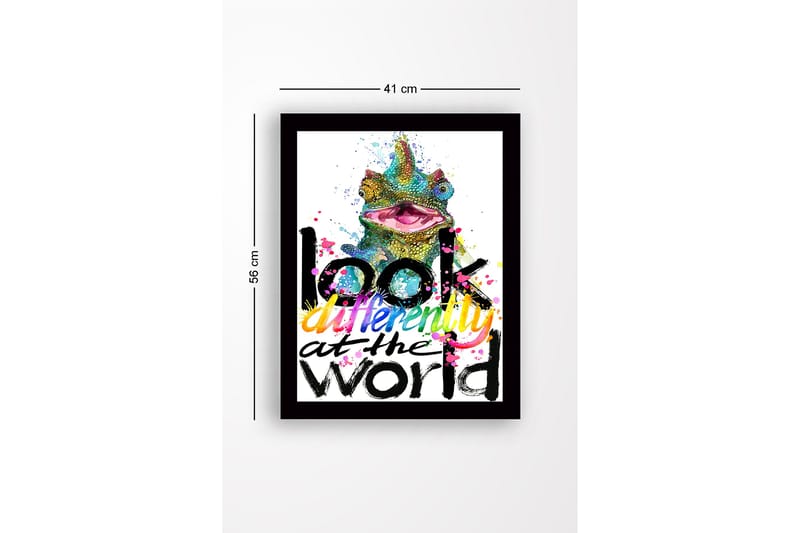 Kehystetty puutaulu canvasille - 41x56 cm - Värikäs kameleontti inspiroivalla tekstillä - Vihreä / Vaaleanpunainen / Keltainen - Sisustustuotteet - Taulu & taide