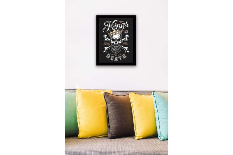 Kehystetty puukangas - 41x56 cm - Kallo kruunulla ja ristiluuilla - Musta / Valkoinen / Kulta - Sisustustuotteet - Taulu & taide