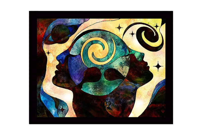 Kehystetty puupohja - 41x56 cm - Abstrakti sommitelma kasvoista, spiraaleista ja tähdistä, Tummansininen / Turkoosi / Punainen
