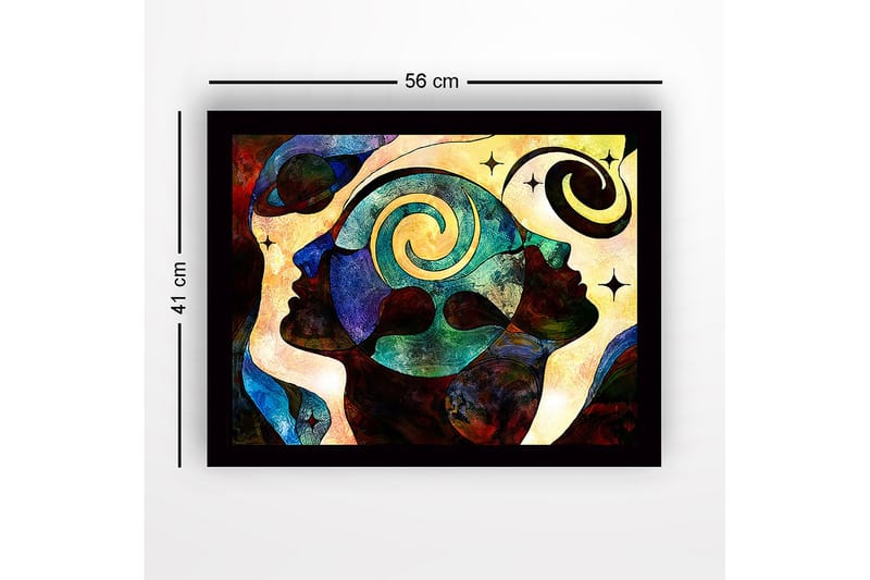 Kehystetty puupohja - 41x56 cm - Abstrakti sommitelma kasvoista, spiraaleista ja tähdistä - Tummansininen / Turkoosi / Punainen - Sisustustuotteet - Taulu & taide