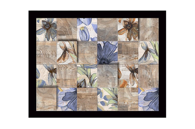 Kehystetty puukangas - 41x56 cm - Erivärisiä ja -muotoisia kukkia mosaiikkina - Beige / Sininen / Ruskea - Sisustustuotteet - Taulu & taide