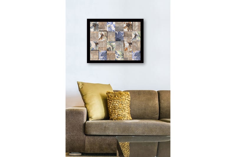 Kehystetty puukangas - 41x56 cm - Erivärisiä ja -muotoisia kukkia mosaiikkina - Beige / Sininen / Ruskea - Sisustustuotteet - Taulu & taide