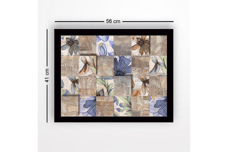 Kehystetty puukangas - 41x56 cm - Erivärisiä ja -muotoisia kukkia mosaiikkina - Beige / Sininen / Ruskea - Sisustustuotteet - Taulu & taide