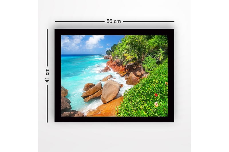 Kehystetty puutaulu canvasille - 41x56 cm - Kaunis ranta kivillä ja turkoosilla vedellä - Turkoosi / Vihreä / Beige - Sisustustuotteet - Taulu & taide