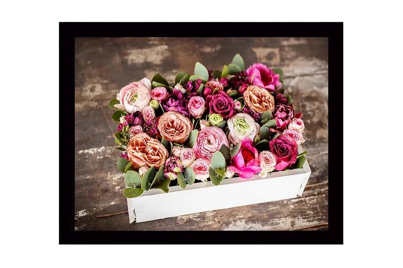 Kehystetty puupohjainen canvas - 41x56 cm - Värikäs ruusukimppu ja vihreät lehdet, Vaaleanpunainen / Violetti / Vihreä