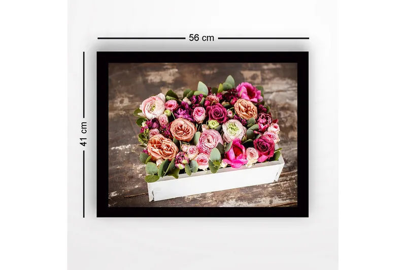 Kehystetty puupohjainen canvas - 41x56 cm - Värikäs ruusukimppu ja vihreät lehdet - Vaaleanpunainen / Violetti / Vihreä - Sisustustuotteet - Taulu & taide
