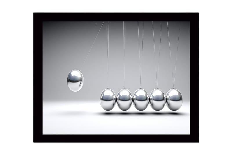 Kehystetty puukangas - 41x56 cm - Dynaaminen sommitelma, jossa roikkuvat liikkuvat metallipallot, Hopea / Harmaa