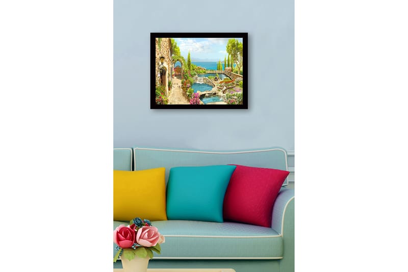 Kehystetty puutaulu canvasille - 41x56 cm - Kaunis puutarha kukka-asetelmilla ja tyynellä veden pinnalla - Vihreä / Vaaleanpunainen / Sininen - Sisustustuotteet - Taulu & taide